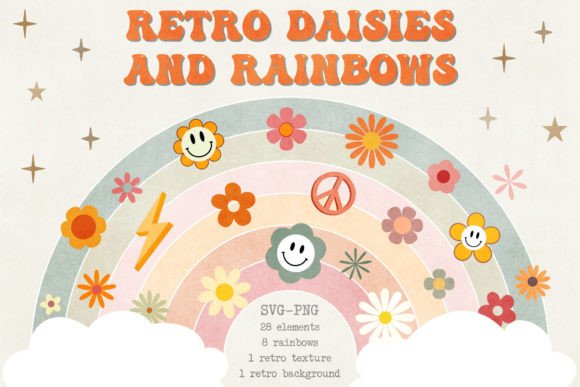 Pastel Retro Groovy Daisies Rainbows Graphics