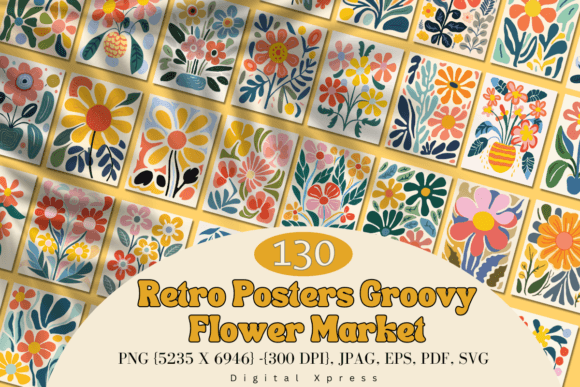 Retro Posters Groovy Flower Market: Graphics & Illustrations for Editorial Charm
